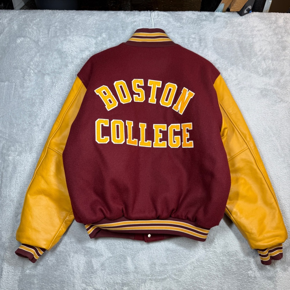 Vintage Rennoc Varsity Jacket Mens L Maroon Gold Boston College Leather Wool 90s